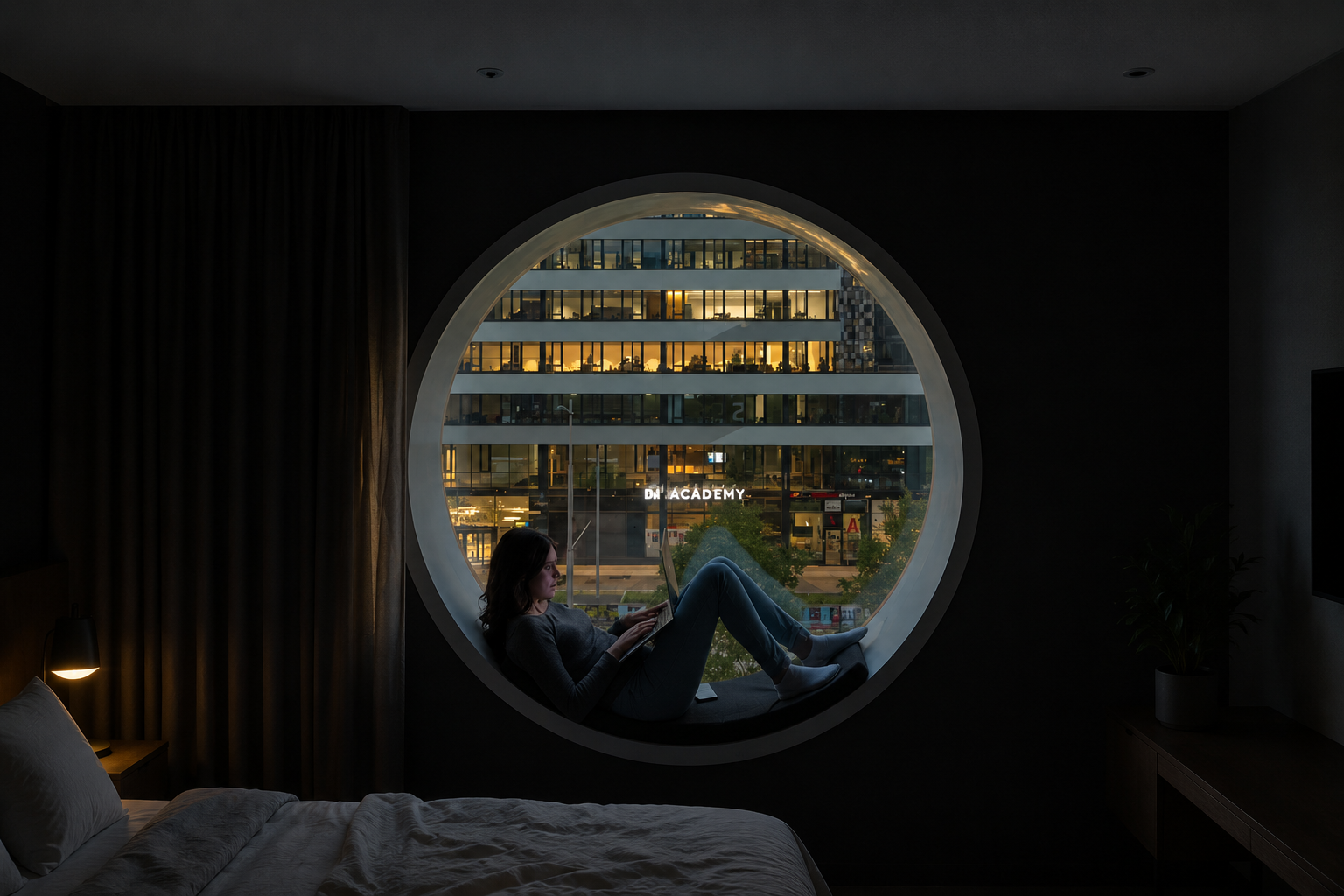 Pessoa lendo em um nicho circular à noite, com um edifício corporativo iluminado ao fundo
