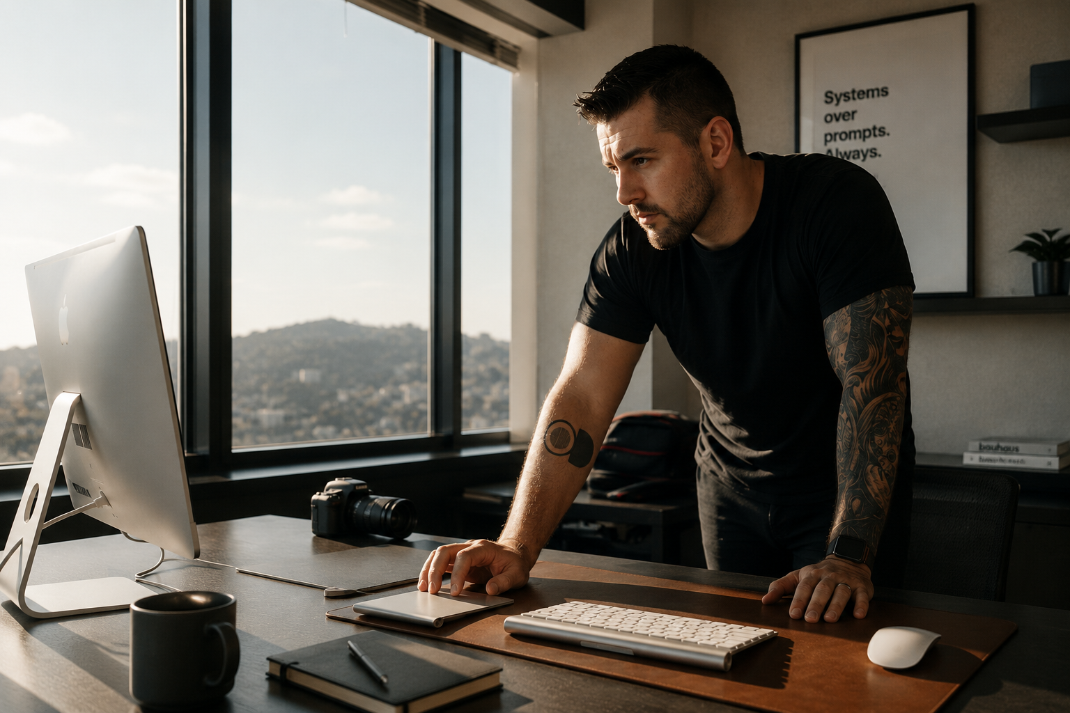 Profissional avaliando prioridades estratégicas em ambiente executivo
